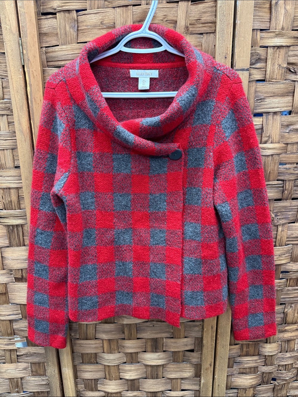 Ellen Tracy Red & Gray Buffalo Check Cowl Neck Sweater